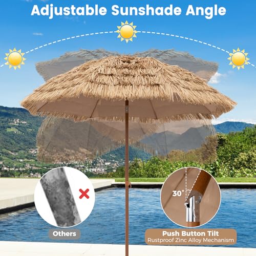 Tangkula 7.2Ft Tiki Patio Umbrella, Hawaiian Style Outdoor PE Grass Umbrella with Tilt Adjustment, 8 Ribs, Portable Thatched Beach Umbrella for Garden, Yard, Poolside - color: Natural, size: 7.2Ft