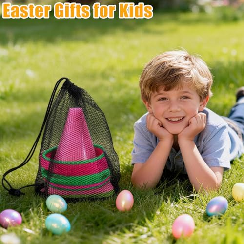 4 in 1 Easter Outdoor Games for Kids and Family, Easter Party Game with Ring Toss, Plastic Cones, Bean Bags, 3-Legged Race Bands, Carnival Spring Games Activities Combo Set for Adult Yard Classroom - color: Easter Green - Sticker