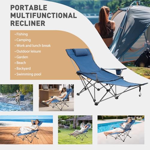 Reclining Folding Camping Chair with Removabel Footrest, Adjustable Folde Camping Chair with Foot Rest, Camp Lounge Outdoor Beach Chair, Oxford Fabric Reclining Design with Pillow Cup Holder, Blue - color: Blue