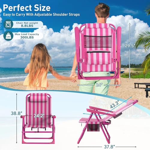 Suteck Backpack Beach Chair, 6-Positions Beach Chairs for Adults with Cooler Bag, Reclining Beach Chair with Cup Holder Folding Camping Chair for Sand Outdoor - color: Striped Pink