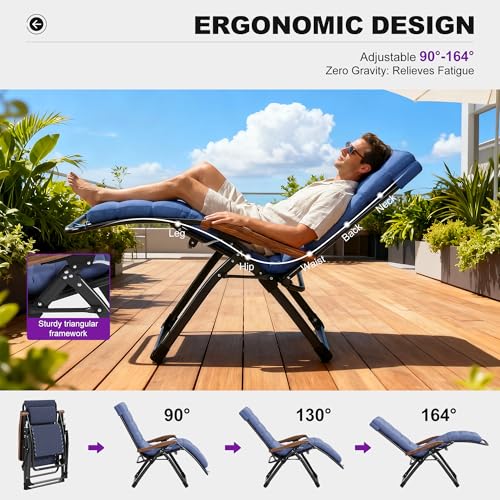 PURPLE LEAF Extra Wide Outdoor Reclining Chair Patio Zero Gravity Chaise Lounge Folding Chair with Removable Cushion Adjustable Headrest for Lawn Camping Beach Pool Navy Blue - color: Navy Blue - 1 Chair, size: Extra Wide – Thick Cushion