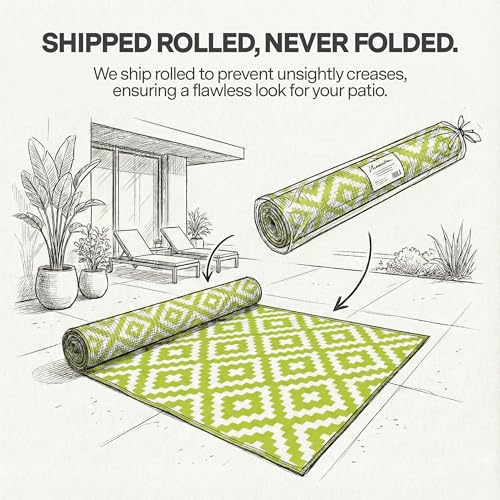 FH Home Outdoor Rug - Waterproof, Fade Resistant, Reversible - Premium Recycled Plastic - Geometric - Large Patio, Deck, Sunroom, Camping, RV - Aztec - Green & White Crease Free - 6 x 9 ft - color: Aztec - Green & White, size: 6' x 9' (Rectangular)