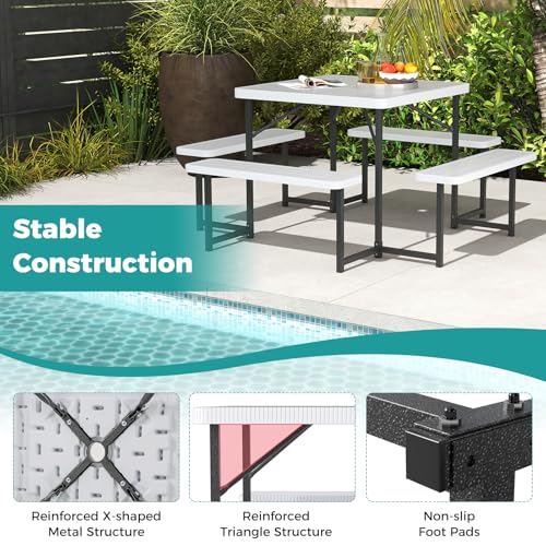 Byroce Outdoor Picnic Table for 4-8 Person, HDPE Picnic Camping Table Set with 4 Benches, Umbrella Hole & Metal Frame, Heavy Duty Square Dining Table Chairs for BBQ in Patio, Yard & Poolside (White) - color: White
