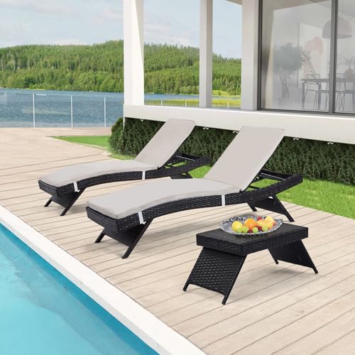 Outdoor Chaise Lounge Chairs + Coffee Table Set of 3 with Detachable Cushions, Pool Sunbathing Recliners PE Rattan Patio Loungers Wicker for Outside Porch Backyard Poolside Deck Porch - color: 2 Chairs + 2 Cushions + 1 Table
