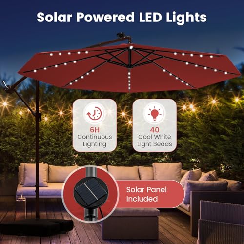 Tangkula 10FT Offset Patio Umbrella with Base Included, Outdoor Cantilever Umbrella with 40 Solar LED Lights, Tilt Adjustment, Crank Handle, Vented Top, Sand Bags for Pool Yard Deck (Burgundy) - color: Burgundy