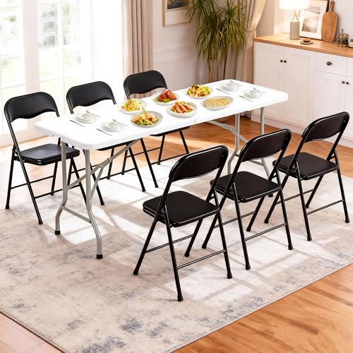 Elevon Folding Table Set with 6 Black Folding Chairs,6 Feet Heavy Duty Fold-in-Half Utility Table Sets for Picnic, Event, Training, Outdoor Activities, at Home and Commercial Use - size: 6 feet, style: With 6 Black Chair