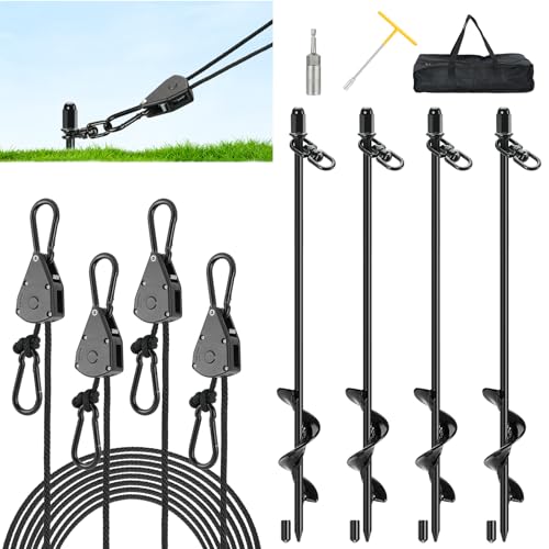 Tinnmao 4-Pack 17.7" Tent Stakes Heavy Duty, with 8" Ratchet Tie Down Straps (1/8" φ) Kit for High Wind, 8mm Solid Steel Spiral Ground Anchors Screw in for Tarp | Canopy | Sand Beach Camping Tent - size: 4 Pack