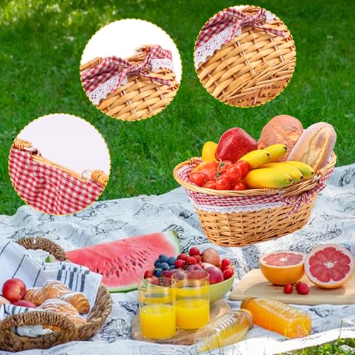 2 Pack 12.6 Inch Natural Wicker Basket with Checkered Lining, Oval Wicker Woven Basket with Handle, Willow Woven Picnic Baskets for Picnic, Camping, Party(Small) - size: 2 Pack 12.6in Natural