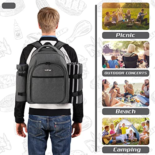 apollo walker Picnic Backpack Bag for 2 Person with Cooler Compartment, Detachable Bottle/Wine Holder, Fleece Blanket, Plates and Cutlery Set (2Person,Grey) - color: Grey1, size: 2 Person