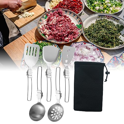 Esquirla 6Pcs Camp Cooking Utensil Set,Outdoor Kitchen Gear, Foldable Cooking Organizer Metal Camping Kitchen Utensil Set, Cookware Kit for Camp RV, BBQ