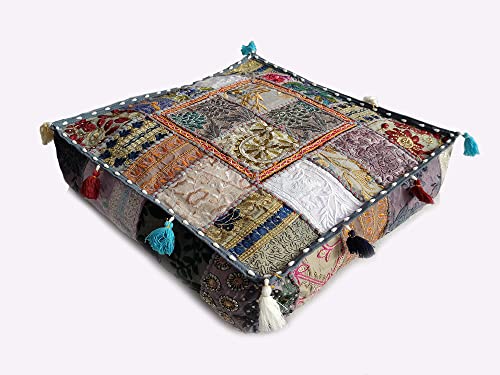 Mam Treasures Indian Bohemian Decorative Pillow Vintage Cushion Cover Patchwork Square Floor Pillow Cover Meditation Cushion Large Floor Pillow Indian Cushion (Gray, 16 X 16 X 5 Inch) - color: Gray, size: 16" x 16" (Pack of 1)