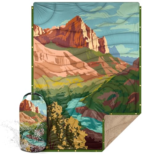Outdoor Camping Blanket with Sherpa Lining, Extra Warm Thick Camp Blankets and Puffy Ultralight Soft Poncho DWR Camping Quilt for Cold Weather, Adventure, Sleeping, Backpacking 78"x 56" - color: Red Rocks, size: 78 x 56 inches