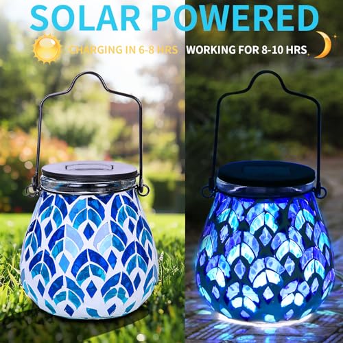 Afirst Mosaic Solar Lanterns - Glass Hanging Lights Hollow Out Waterproof Outdoor Decorative for Garden, Patio, Holiday Party Outdoor Decoration, 1 Pack - style: Blue