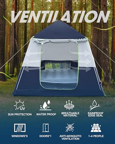 CORANI 14.1'x6.5'x9' Inflatable Tents for Camping, Portable 6/8/10 Person Blow Up Air Tent, Waterproof Windproof Easy Setup Large Family Tent with 2 Doors, 6 Windows, Mosquito Screen - color: Navy Blue, size: 4 person 7.5x7.5ft