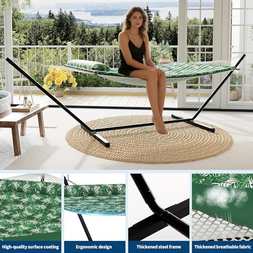 Double Hammock with Stand, Outdoor Quilted Padded Hammock with Heavy Duty Iron Frame, Portable Patio Swing Bed for Backyard Garden, 450 Lbs Capacity,Banana Leaf Green - color: Green With Leaves Pattern