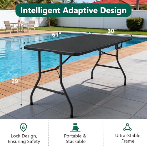 Folding Table 5FT Heavy Duty Plastic Table with Handle, Foldable&Portable, Fold-in-Half Utility Tables for Outdoor, Dining, Wedding, Events, Indoor, Picnic, Camping, Party, Coffee Black - color: Black, size: 5FT