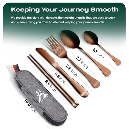 Taplord Portable Travel Silverware Set With Case, Includes 5 Pcs of Travel Utensils With Case, Stainless Steel Flatware Set For Camping, Easy to Travel, Lightweight (Rose Gold) - color: Rose Gold, size: 5 Pieces