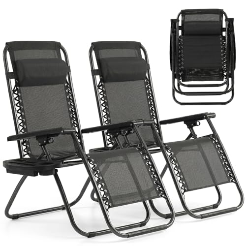 Zero Gravity Chairs Set of 2 with Pillow and Cup Holder Tray, Portable Recliner Beach Camping Patio Outdoor Folding Lounge Chair for Poolside, Lawn, Garden, Backyard, Black - size: 2-pack