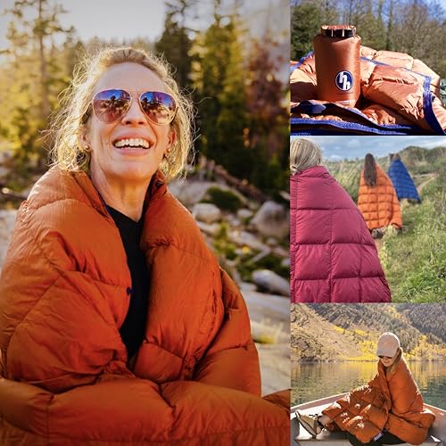 Horizon Hound Down Camping Blanket 650 Fill Power - Ultralight Backpacking Quilt (1lb 6oz) Warm & Water-Resistant 20D Nylon Shell for Outdoors, Camping, Hiking, Travel, & Stadium - Packable - color: Burnt Orange