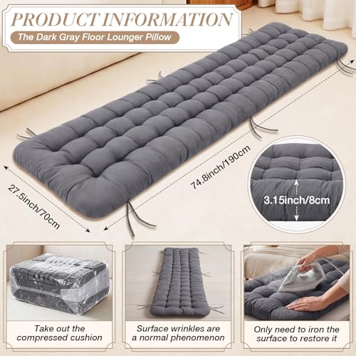 Wenqik Long Floor Cushion Large Floor Cushion with Brushed Cotton 74.8 x 27.5 x 3.15 in Jumbo Lounger Pillow for Outdoor Indoor Bay Window Meditation Yoga Reading Sleeping(Dark Gray) - color: Dark Gray