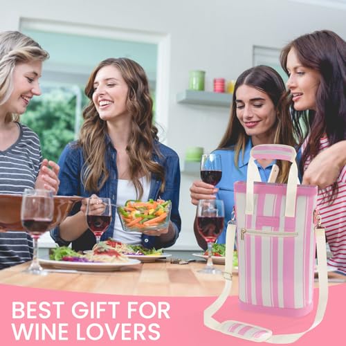 BLUBYEES 2-Bottle Insulated Wine Carrier Tote - Leakproof Padded 900D Oxford Wine Cooler Bag for Travel, Picnics, Beach & Parties - Ideal Wine Gift for Wine Lovers - color: Sakura Pink