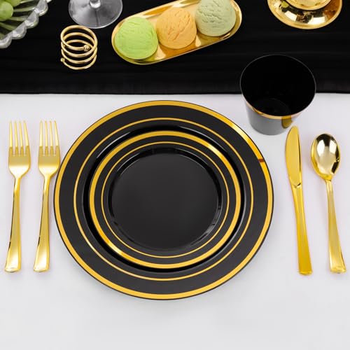 WELLIFE 150 PCS Black and Gold Disposable Dinnerware Set, Plastic Plates for Party, Including 25 Dinner Salad Plates, Cups, Forks Knives Spoons for New Year Party Supplies - color: Black/Gold, size: 25 Guests