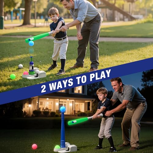 QDRAGON 2 in 1 T Ball Sets for Kids 3-5 5-8, Tee Ball Set with Automatic Pitching Machine/Adjustable Batting Bat & Stand/6 Balls, Baseball Toys Outdoor Sport for Toddlers Boys - color: Blue+red
