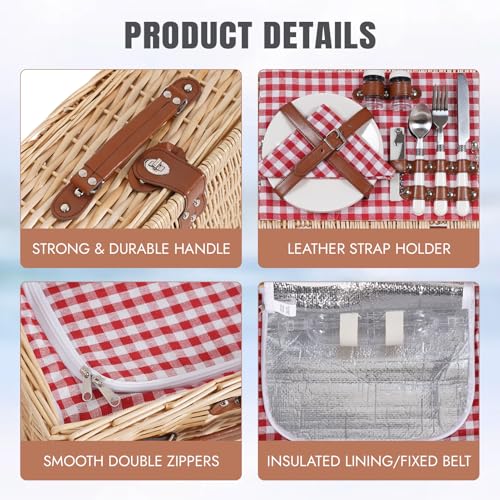 HappyPicnic Picnic Basket Set for 2 - Wicker Picnic Basket with Waterproof Blanket & Insulated Liner, Large Handmade Willow Hamper with Cutlery Kit for Outdoor, Picnic, Camping, Party, Holidays (Red) - color: Red Check