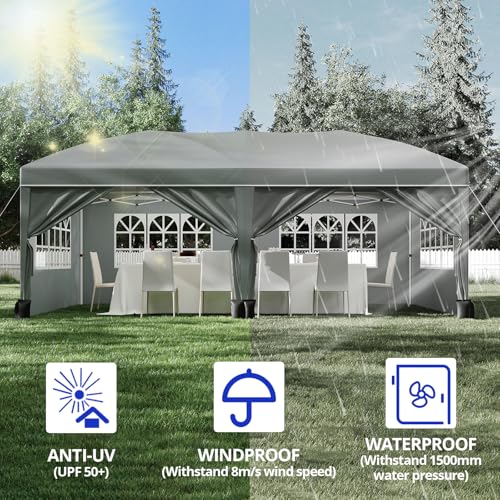10x20 Pop Up Canopy with 6 Sidewalls, Waterproof Outdoor Wedding Gazebo Canopy with Removable Side Walls & 6 Sandbags | Ideal for Weddings, Parties, Backyard Events, Trade Shows - color: Gray