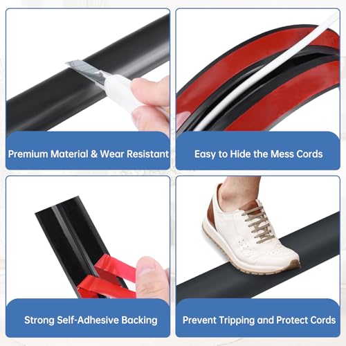 Floor Cord Cover Self Adhesive Cord Hider Floor Extension Cord Covers for Floor Power Cord Protector Cable Management Prevent Cable Trips Cable Cavity 0.47" W x 0.27" H (Black, 3.3Ft) - color: Black, size: 1.18" x 3.3'
