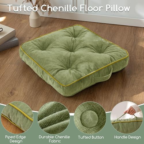 HIGOGOGO Large Floor Pillow Cushion for Adults, Meditation Cushion Pillow with Handle, Lustrous Chenille Tufted, Square Floor Sitting for Tatami Living Room or Yoga, 22x22 Inch, 2Pack, Green - color: Square Green, size: 4" Thick(pack of 2)