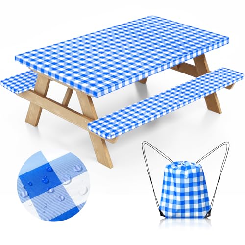 Picnic Table Cover with Bench Covers and Bag, Camping Table Camping Essentials Cover with Elastic Edges (Blue) - color: Blue