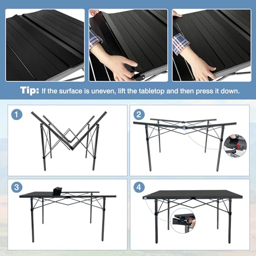 29.9" Tall Folding Camping Table for 2-6 Person, 54.7" Large Aluminum Foldable Roll-up Table Outdoor with Carry Bag for Picnic, Camp, Sturdy, Backyard, Patio - color: Black