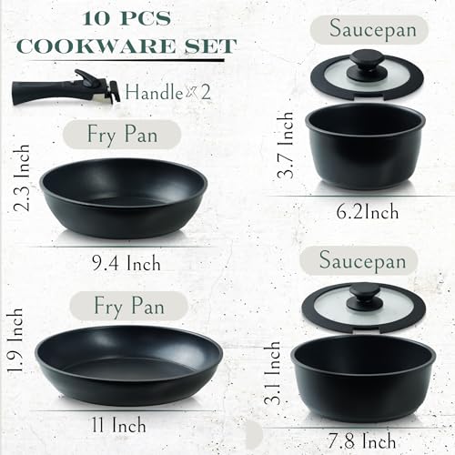 Moss & Stone 10pcs Nonstick Cookware Pans with Removable Handles, Space Saving Pots and Pans with Removable Handles, RV Pots and Pans Set for Camping, Oven and Induction Ready - size: 10 Pcs Black