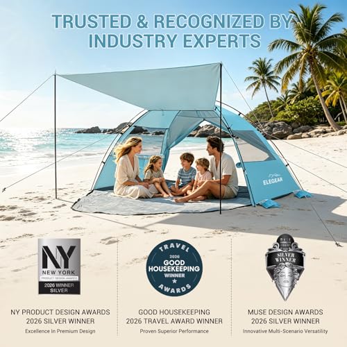 Elegear CumbreX™ Beach Tent Sun Shelter with Canopy, 6-8 Person Beach Tent, Easy Setup UPF 50+ UV Protection Portable Lightweight Double Silver Coating Cabana Sun Shade Shelter - Sky Blue - color: Sky Blue, size: 6-8 Person