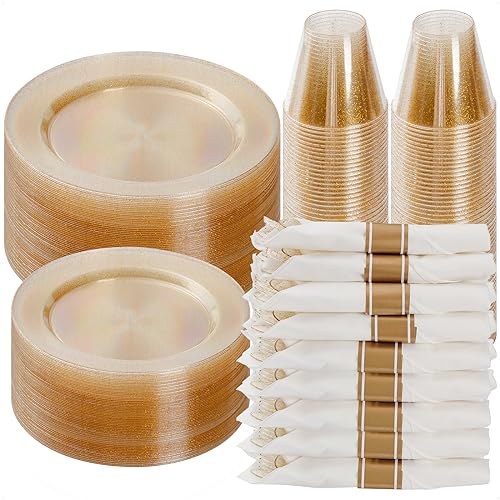 Goodluck 350 Piece Gold Glitter Plastic Dinnerware Set for 50 Guests, Disposable Plates for Party, Include: 50 Dinner Plates, 50 Dessert Plates, 50 Rolled Napkins with Silverware, 50 Cups - color: Gold Glitter, style: 350 Piece (50 guests)