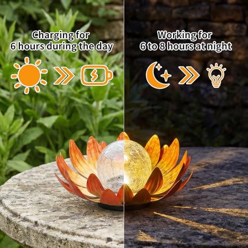 MEBRUDY Solar Lights Outdoor Garden Decor, Bright Globe Glass Lotus Flower Lamp, IP44 Waterproof Metal Lotus LED Lights for Patio, Yard, Lawn, Tabletop Outside Decor, Garden Gifts for Women, Orange - color: Orange