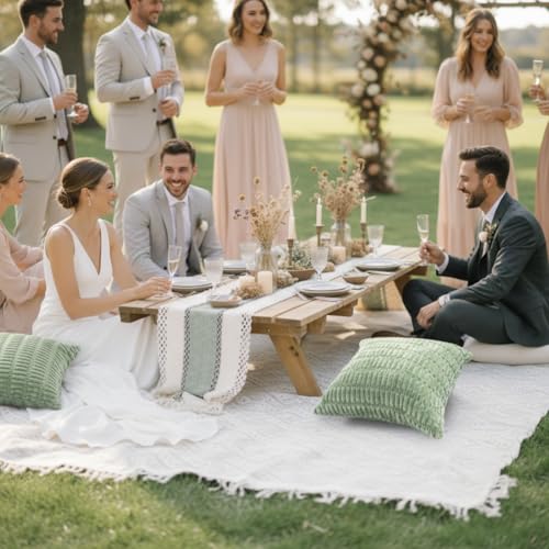 Beeveer Extra Large Outdoor Boho Picnic Blanket 91'' x 71'' Green Table Runner 6 Throw Pillow Cover Woven Cotton Yarn Oversize Beach Blanket Washable for Picnic Camp Wedding - color: Sage Green, size: Fit 4-6 People 91'' X 71''