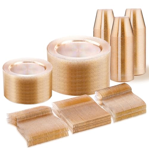 WELLIFE 450 PCS Gold Glitter Disposable Dinnerware Set for 75 Guests, Plastic Plates for Party, Including 75 Dinner & Salad Plates, Cups, Forks Knives Spoons for Wedding and Party Supplies - color: Gold Glitter, size: 75 Guests