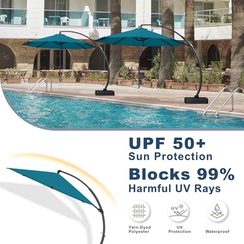 12FT Cantilever Umbrella with Base Large Curvy Outdoor Aluminum Offset Umbrella w/ 360° Rotation, UV Resistant Canopy for Patio, Garden, Backyard, Lake Blue - color: Lake Blue, size: 12FT