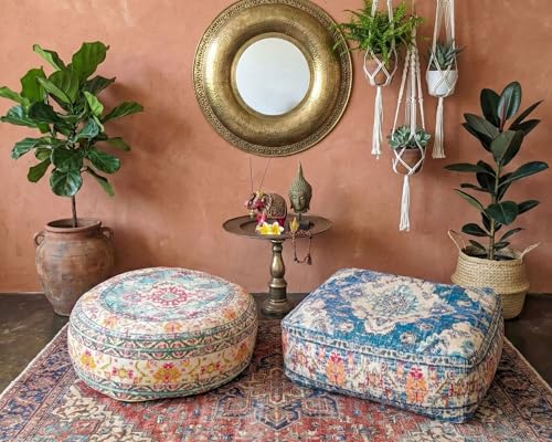 Blue Square Floor Pillow Cover Large Yoga Décor Cushion Moroccan Pouf Ottoman Boho Furniture Perfect for Living Room, Bedroom, Nursary or Children Room Seating Area Beanbag Footstool 24x8 Unstuffed - color: Blue