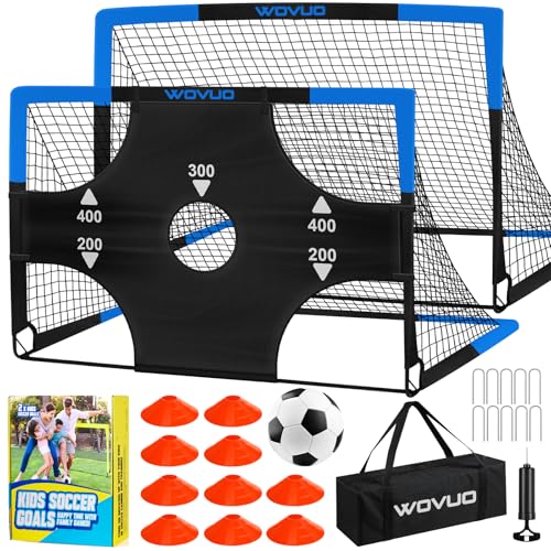 Kids Soccer Goals for Backyard Set of 2, 6x4 ft Portable Toddler Soccer Goal Training Equipment with Soccer Target, Ball, Cones, Soccer Net for Kids Age 3-5 6-8 8-12 10-12-14 Outdoor Sports Games Gift - color: Black Blue