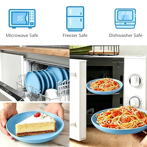 Wheat Straw Plates 4 Pack, BPA-Free Dinner Plates Set, Lightweight Reusable Plastic Plates, Microwave & Dishwasher Safe Salad Plates for Camping Kitchen, Blue - color: Light Blue