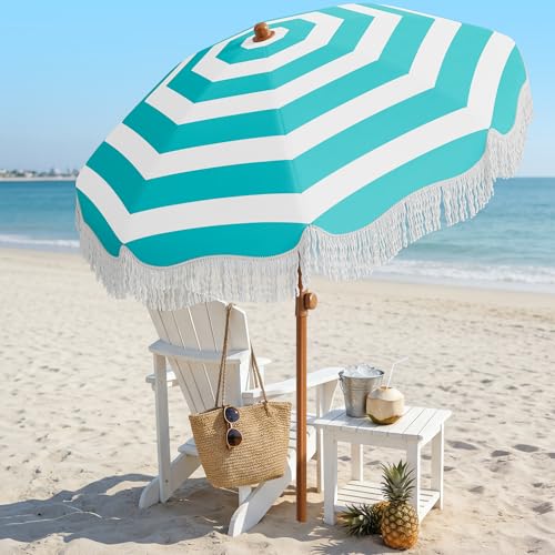 AreShark 7ft Patio Umbrella with Fringe, UPF50+ Beach Umbrella for Table, Pool & Garden, Portable Outdoor Tassels Umbrella w/Fiberglass Ribs&Push Bottom Tilt(Blue and White Stripe) - color: Blue and White Stripe, size: 7FT