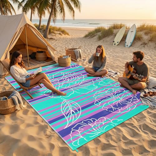 Garvee 5x8 Outdoor Waterproof Rug, Floral Outdoor Area Rug，Reversible Plastic Straw Patio Rug, Portable Camping Mat for RV, Picnic, Beach, Balcony, Garden & Camping Purple&Blue - color: Purpleblue, size: 5' x 8' (Rectangular)