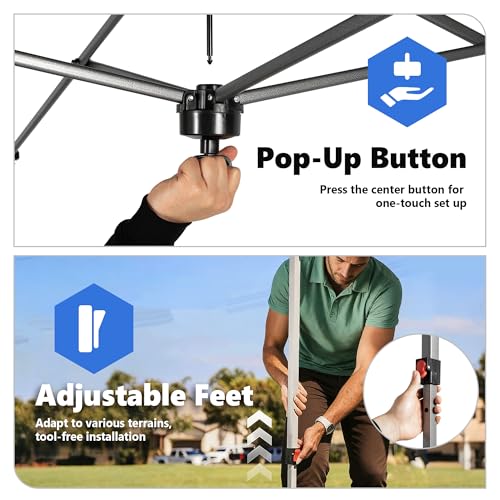 OLIXIS 10x10ft Pop Up Canopy Tent, Heavy Duty 1-Person One Push Setup, Portable Outdoor Shelter for Beach, Events, Camping Includes Rolling Carry Bag, Grey - color: Gray, size: 10 X 10 Ft