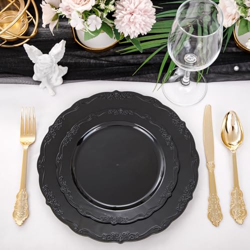U-QE 100PCS Black Plastic Plates, Heavy Duty Black Plates Including 50PCS 10'' Dinner Plates & 50PCS 7.5'' Dessert Plate - Hard Plastic Plate for Party Wedding Bridal Shower - color: Black