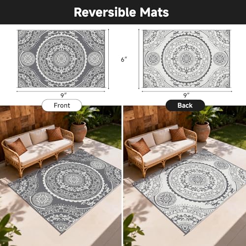 Pauwer Waterproof Outdoor Rug 6x9, Reversible Plastic Straw Patio Camping Rug, Indoor Outdoor RV Mat Carpet for Deck, Camper, Porch, Balcony, Backyard, Picnic, Paisley Grey - color: Paisley Grey, size: 6' x 9' (Rectangular)