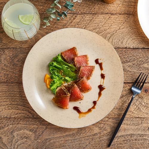 PLASTICPRO 32 Pack Elegant Disposable Plastic Plates Combo Set Includes 16 Dinner Plates and 16 Salad Plate Heavy Duty Fancy Party Plates Pink Granite Plate with Gold rim - color: Granite Collection Pink With Gold Rim