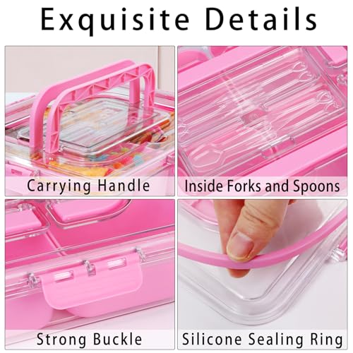 Snack Box Container with Insulated Cooler Bag, Divided Serving Tray with Lid and Handle Beach Essentials, Snackle Box Veggie Fruit Tray with 8 Compartments & 8 Forks & 2 Spoon Pink - size: Pink